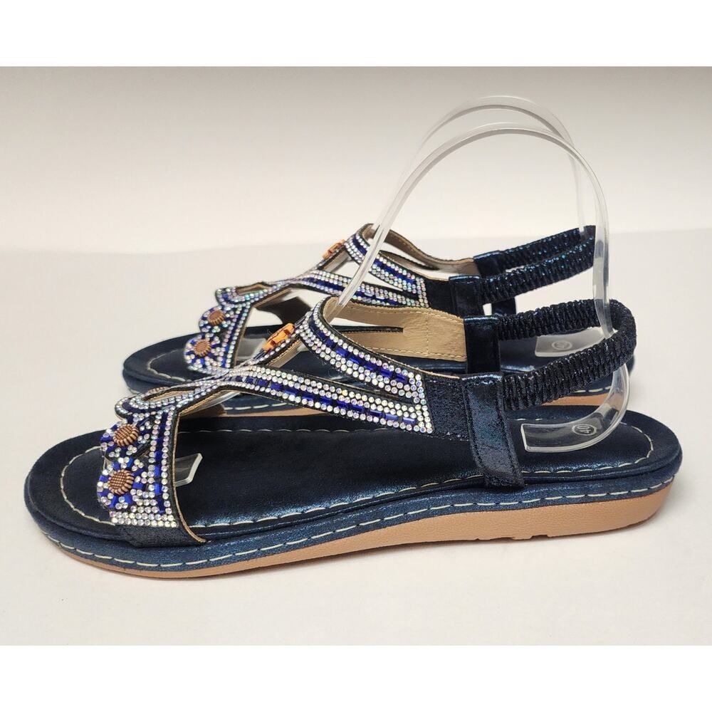 Women's Blue Rhinestone T-Strap Flat Boho Gemstone Slingback Slip-On Shoes US 9 - Picture 3 of 7